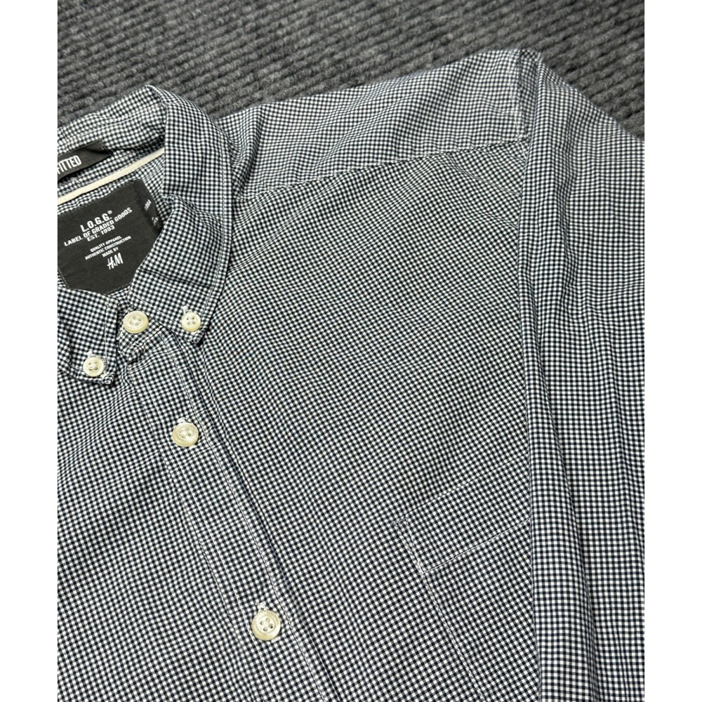 H&M LOGG Button Down Shirt Mens Large Black White Gingham Fitted Cotton